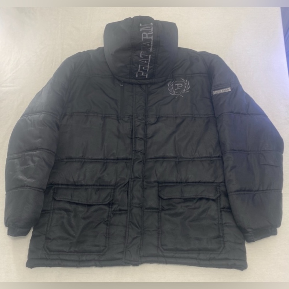 Vintage Y2K 90's Phat Farm Puffer Jacket Coat Metal Logo Honeycomb Black Size XL